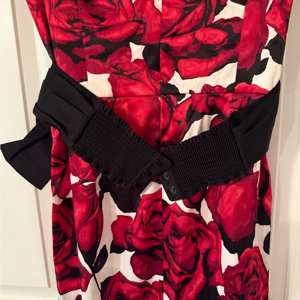 White House Black Market White, Red, and Black Sleeveless Midi Dress With Belt - Picture 6 of 7